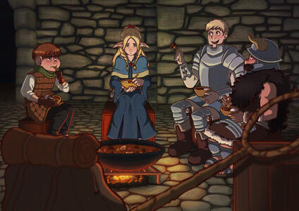 The main four characters from dungeon meshi. They are sitting around a campfire in a dungeon and eating a curry. Chilchuck looks annoyed, Marcille looks disappointed about her meal. Liaos and Senshi are discussing monsters and how they could eat them.